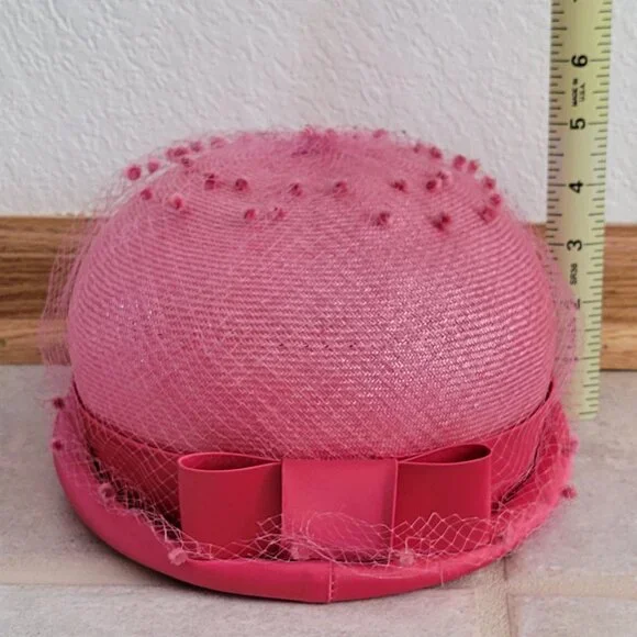 VTG Mid Century Pink Pillbox Derby Hat with Swiss Dot Netting and Bow 1950s